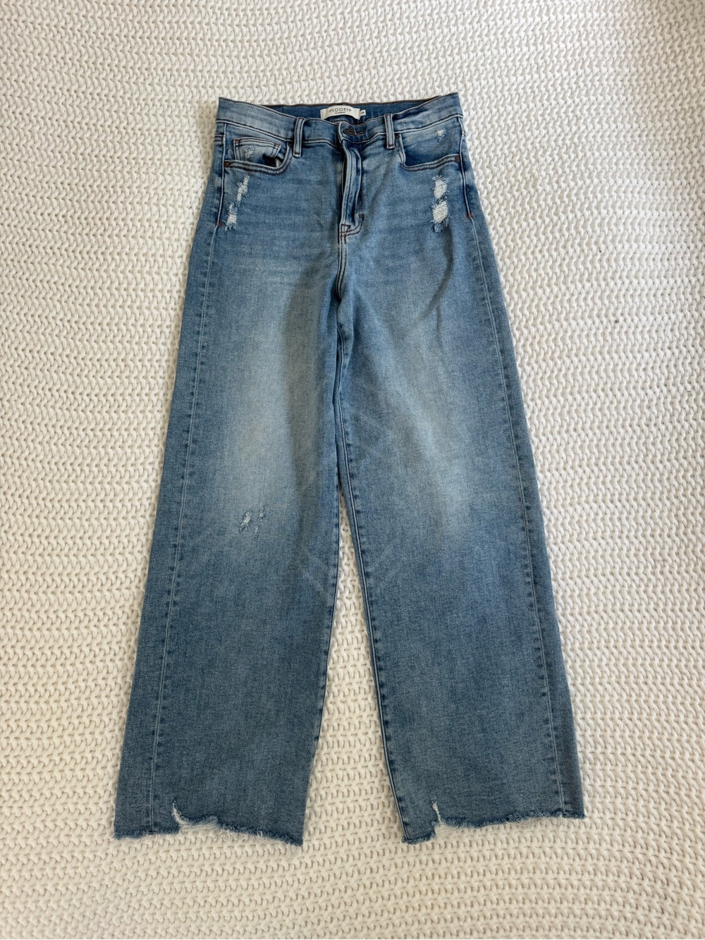 Hidden Wide Leg Distressed Jeans - Light Blue